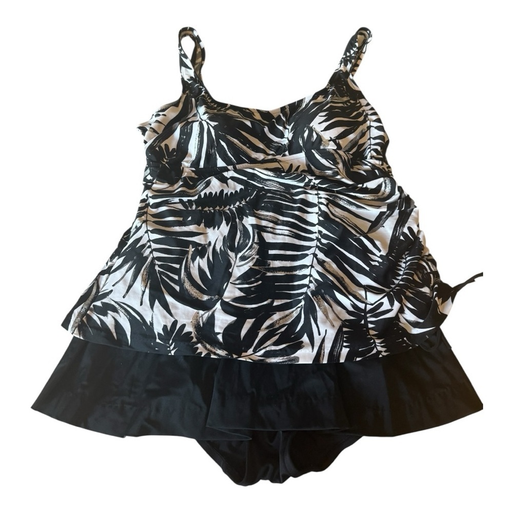 Maxine One Piece Ruched Short Skirt Black White Silver Wide Band Swimsuit